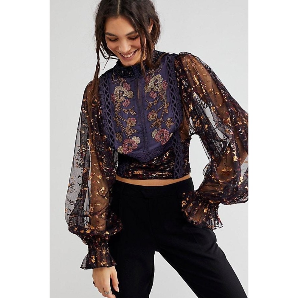 Free People Camille Beaded Victorian Cropped Top Sheer Gold Foil Floral Black S